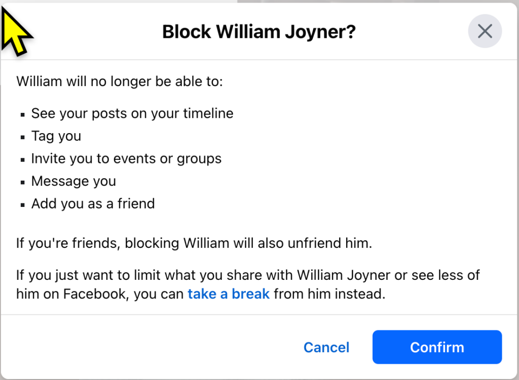 Confirm the blocking of person on Facebook